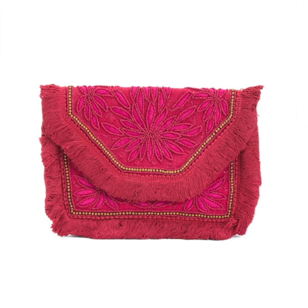 NATASHA Fuscia Embroidered Envelope Shoulder Bag With Floral Beaded Accents - Picture 2 of 10